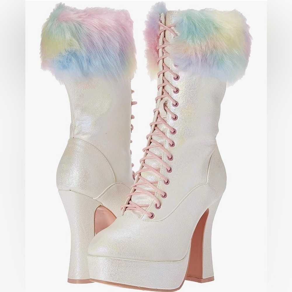 🦋B2G1🦋ELLIE SHOES 5" Chunky Heel Unicorn Lace Up Boot With Faux Fur | 557-NORA |